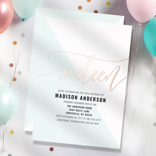 Pastel Blue Color Block Sweet 16 Birthday Party Foil Invitation