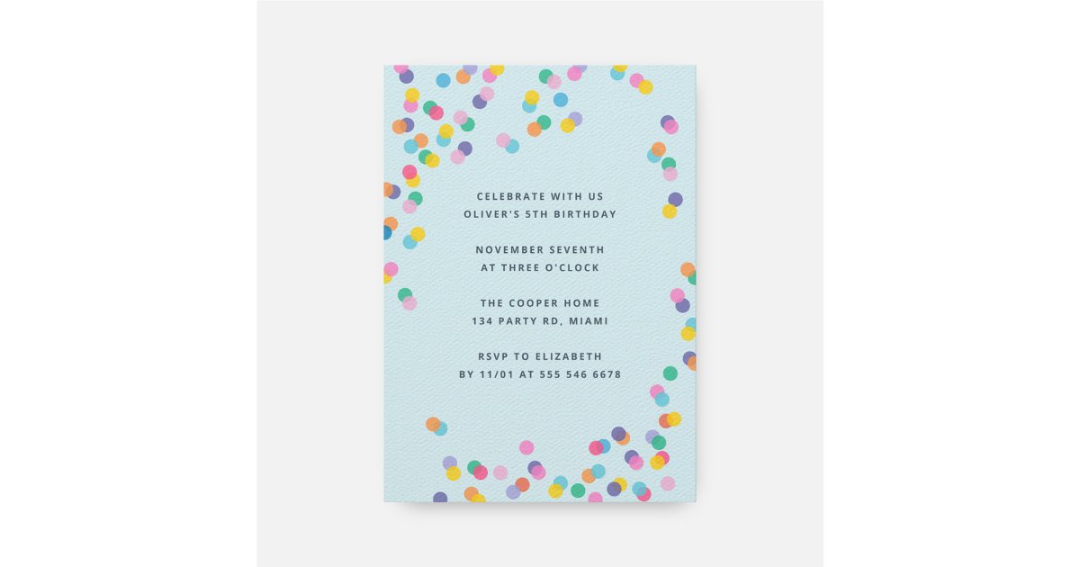 Pastel Blue Colorful Confetti Kids Birthday Party Invitation | Zazzle