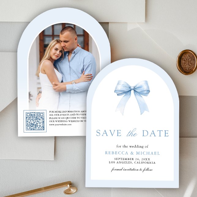 Pastel Blue Coquette Bow Arch Photo Wedding Save The Date (Creator Uploaded)