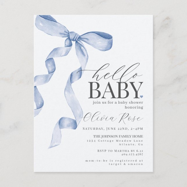 Pastel Blue Coquette Bow Girl Baby Shower Invite (Front)