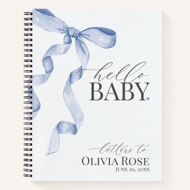 Pastel Blue Coquette Bow Girl Baby Shower Letters Notebook (Front)