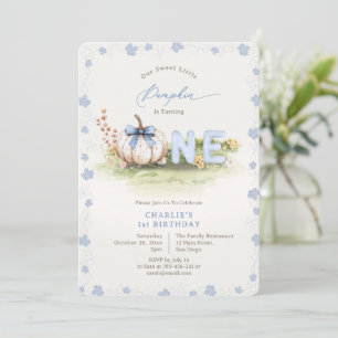 Pastel Blue Coquette Little Pumpkin 1st Birthday Invitation