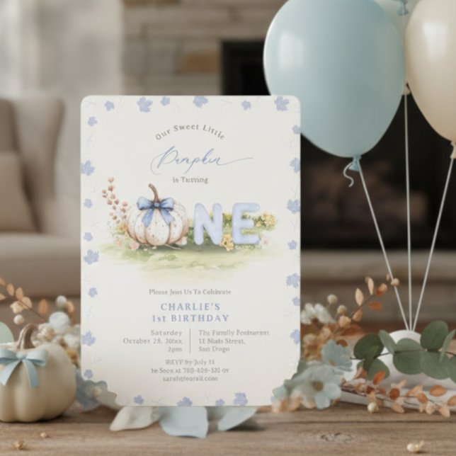 Pastel Blue Coquette Little Pumpkin 1st Birthday Invitation (Pastel Blue Coquette Little Pumpkin 1st Birthday Invitation)