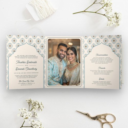 Pastel Blue Cream Ikat All in One Indian Wedding Tri_Fold Invitation