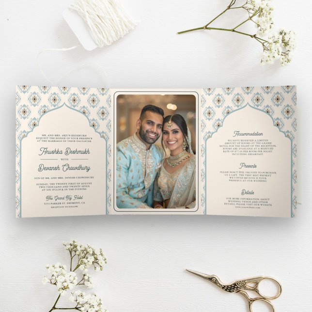 Pastel Blue Cream Ikat All in One Indian Wedding Tri-Fold Invitation (Creator Uploaded)