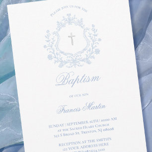 pastel blue crest baby boy Baptism Invitation