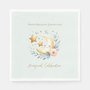 Pastel Blue Cute Baby Moon 1st Birthday Napkins