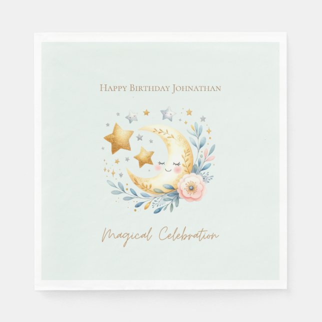 Pastel Blue Cute Baby Moon 1st Birthday Napkins (Front)