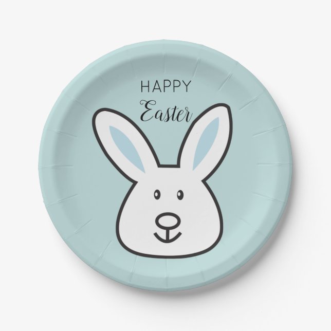 Pastel Blue Cute Easter Bunny Illustration Paper Plates (Front)