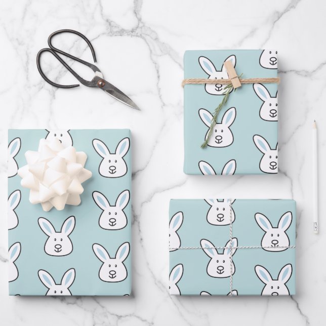 Pastel Blue Cute Easter Bunny Pattern Wrapping Paper Sheets (Front)