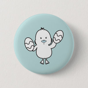 Pastel Blue Cute Easter Chick & Eggs Illustration Button