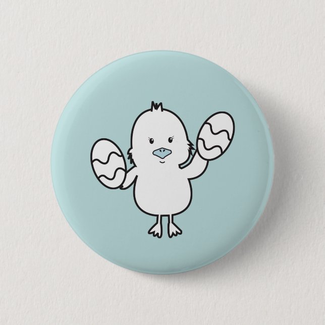 Pastel Blue Cute Easter Chick & Eggs Illustration Button (Front)