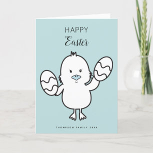 Pastel Blue Cute Easter Chick & Eggs Illustration  Holiday Card