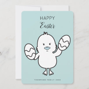 Pastel Blue Cute Easter Chick & Eggs Illustration  Holiday Card