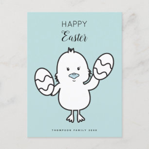 Pastel Blue Cute Easter Chick & Eggs Illustration Holiday Postcard