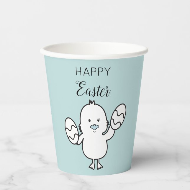 Pastel Blue Cute Easter Chick & Eggs Illustration  Paper Cups (Front)