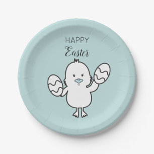 Pastel Blue Cute Easter Chick & Eggs Illustration Paper Plates