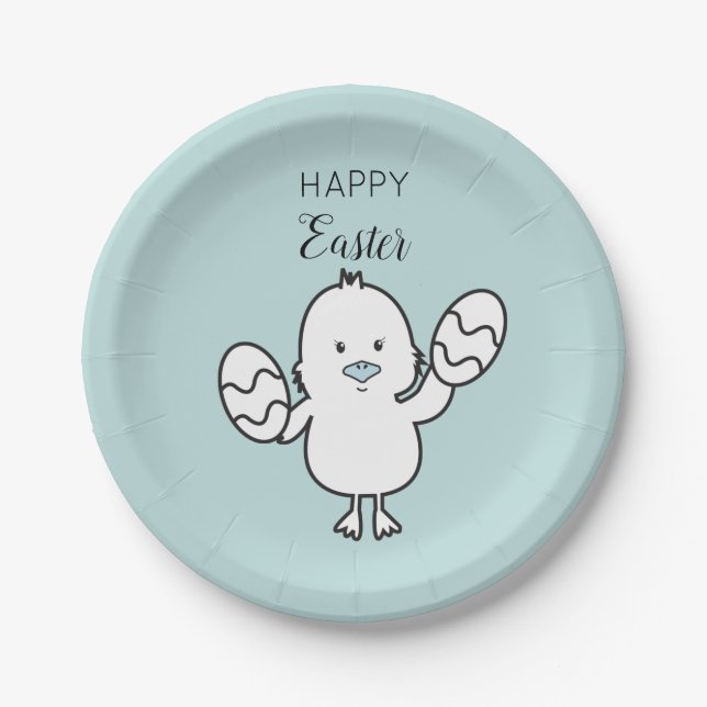 Pastel Blue Cute Easter Chick & Eggs Illustration Paper Plates (Front)