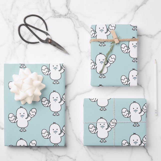 Pastel Blue Cute Easter Chick & Eggs Pattern Wrapping Paper Sheets (Front)