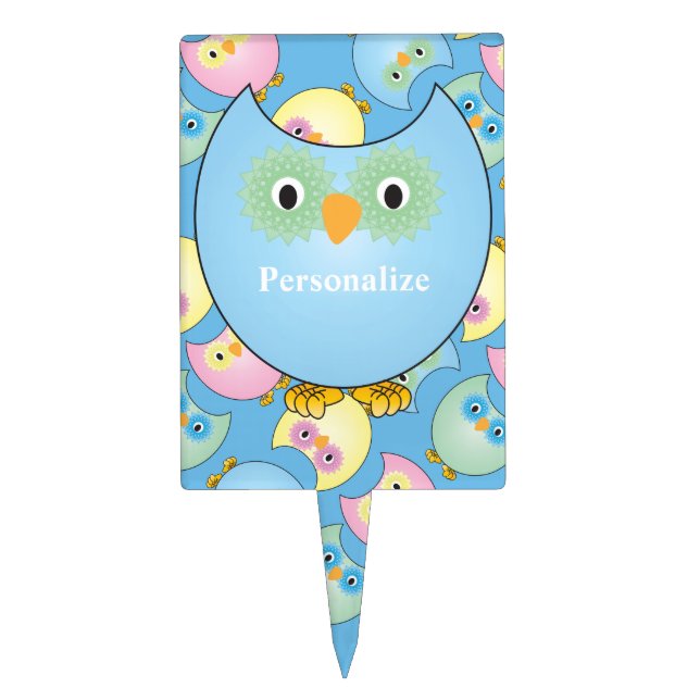 Pastel Blue Cute Owl Baby Shower Theme Cake Topper (Front)