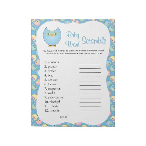 Pastel Blue Cute Owl Baby Shower Theme Word Game 2 Notepad