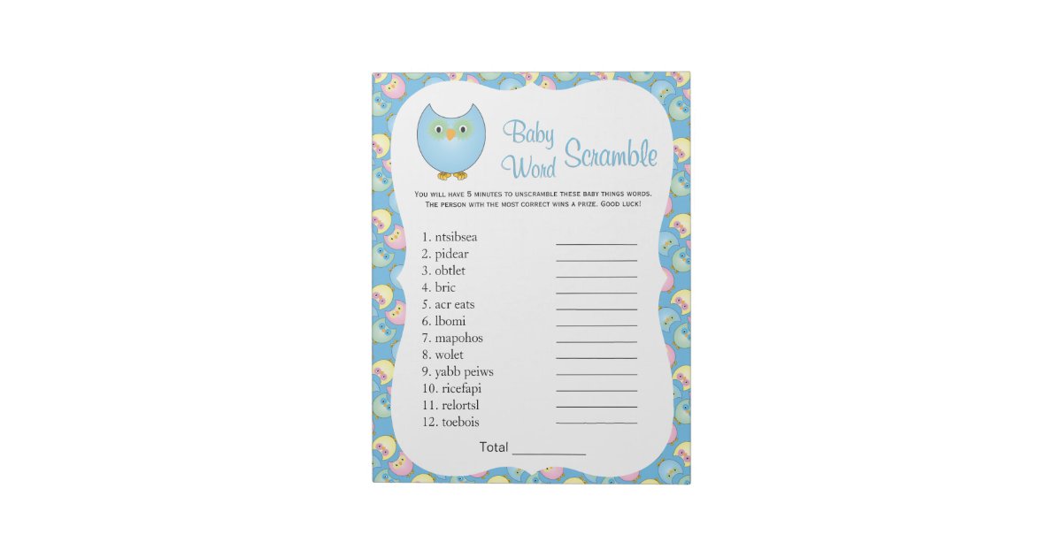 Pastel Blue Cute Owl Baby Shower Theme Word Game 2 Notepad