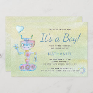 Pastel blue cute robot it's a boy baby shower invitation