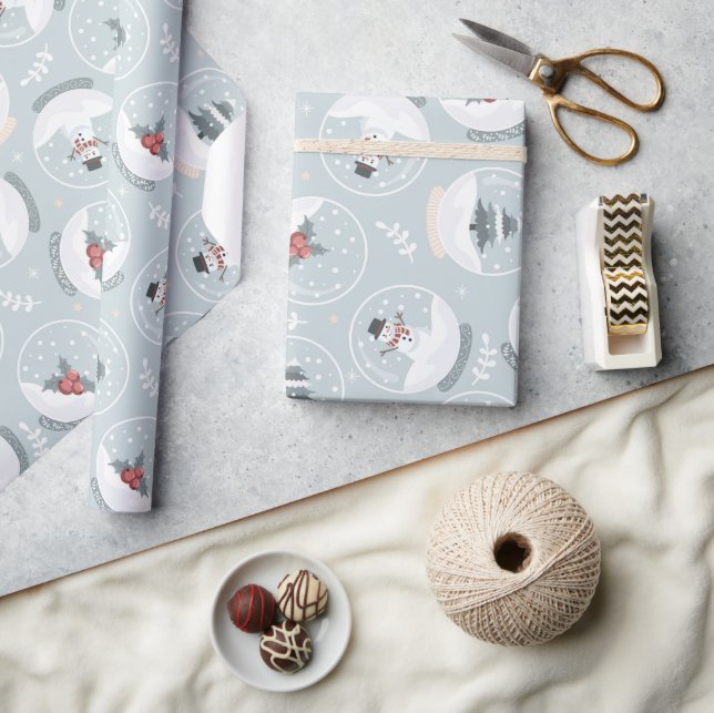 Pastel Blue Cute Snowman Snowglobe Christmas Wrapping Paper (Crafts)