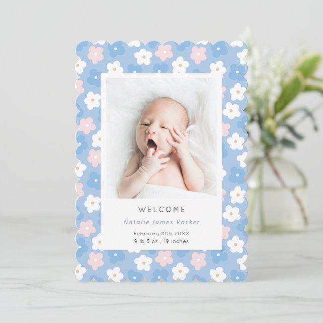 Pastel Blue Daisy Flower | Cute Simple Birth Announcement (Standing Front)