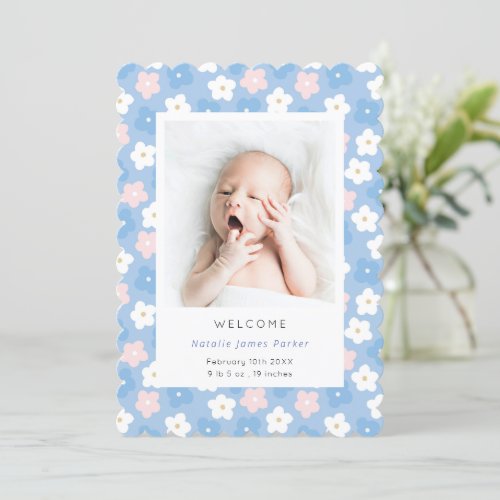 Pastel Blue Daisy Flower  Cute Simple Birth Announcement