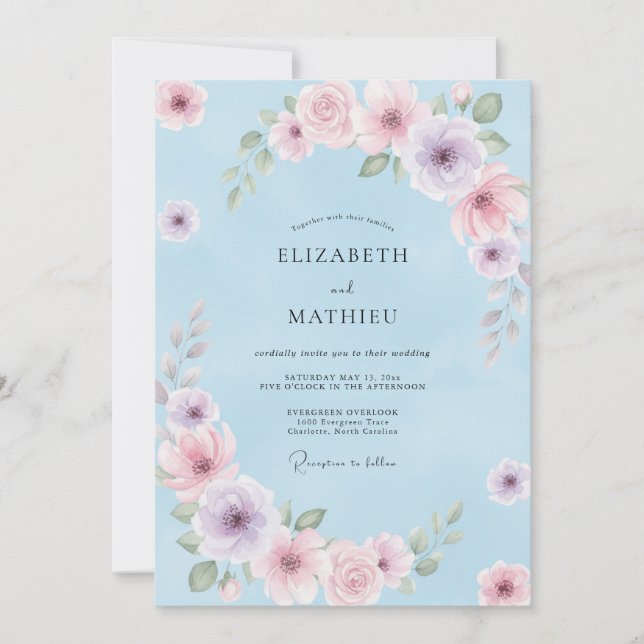 Pastel Blue Delicate Floral Wedding Invitation (Front)