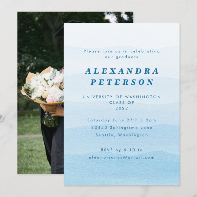 Pastel Blue Dip Dye Ombre Photo Graduation Party Invitation (Front/Back)