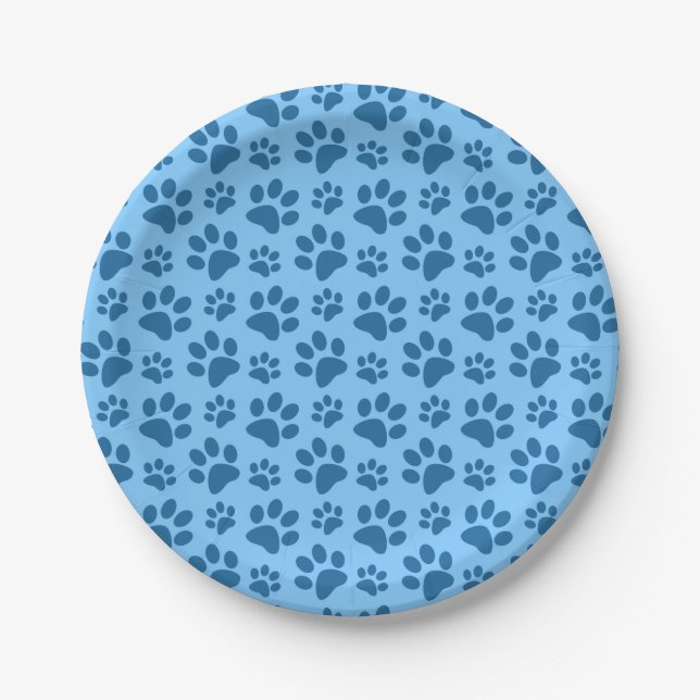 Pastel blue dog paw print pattern paper plates (Front)