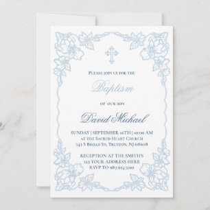 pastel blue elegant frame Baptism Invitation