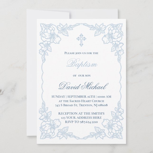  pastel blue elegant frame Baptism Invitation (Front)