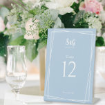 Pastel Blue Elegant Wedding Reception Table Number Pedestal Sign<br><div class="desc">This elegant sign displays a table number to help your friends and family find their seats at your wedding reception. In a soft pastel blue color, the sign displays a stylish geometric border for a retro touch. Customize the template with the newlyweds' initials, wedding date and reception venue. Add one...</div>