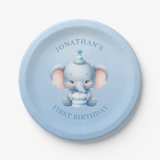 Pastel Blue Elephant Birthday Paper Plates (Front)