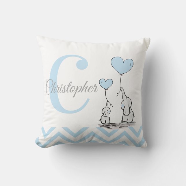Pastel Blue Elephant Personalized Baby Boy Pillow (Front)