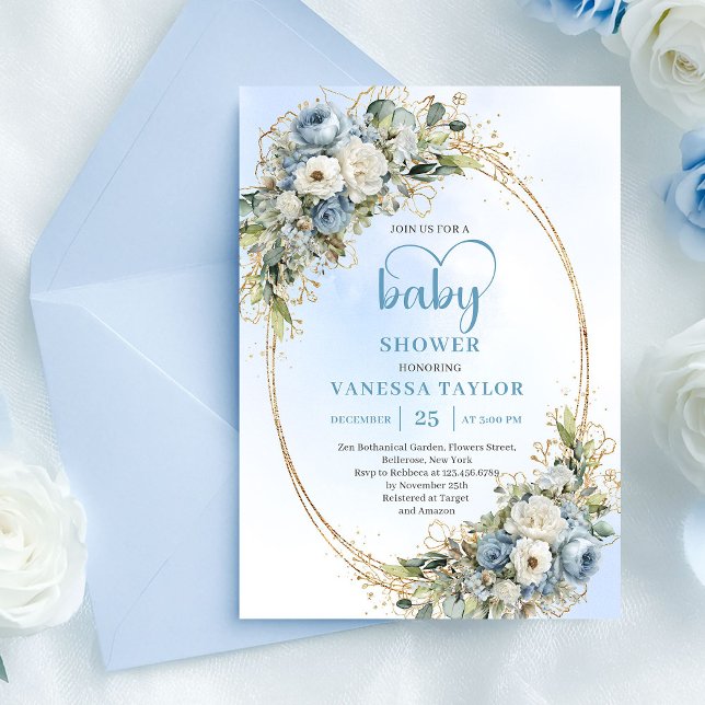 Pastel Blue Eucalyptus Floral Gold Baby Shower   Invitation (Pastel Blue Eucalyptus Floral Gold Baby Shower Card

)