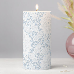 Pastel Blue Faux Floral Lace Flowers & Leaves Pillar Candle