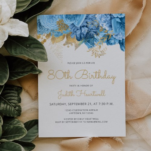 Pastel Blue Floral 80th Birthday Party Invitation