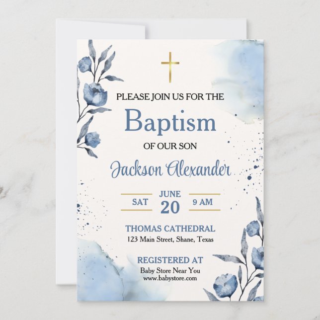 Pastel Blue Floral Baby Boy Baptism Invitation (Front)