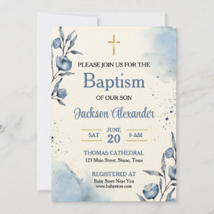 Pastel Blue Floral Baby Boy Baptism Invitation
