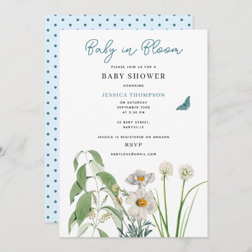 Pastel Blue Floral Baby in Bloom Baby Shower Invitation