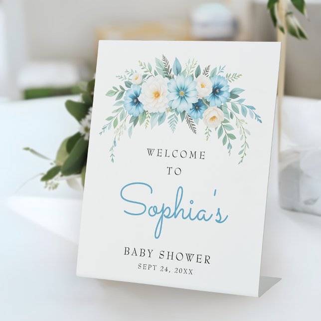 Pastel Blue Floral Baby Shower Welcome Pedestal Sign (Creator Uploaded)