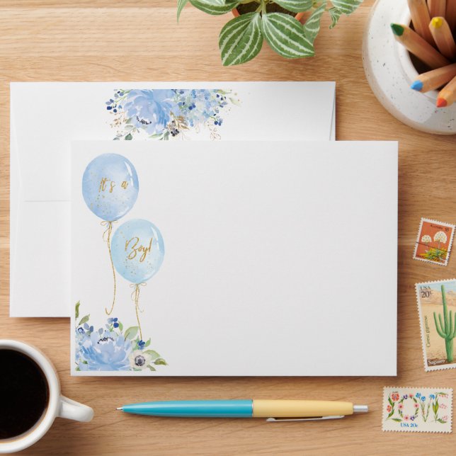Pastel Blue Floral Balloons Boy Returned Address Envelope (Desk)