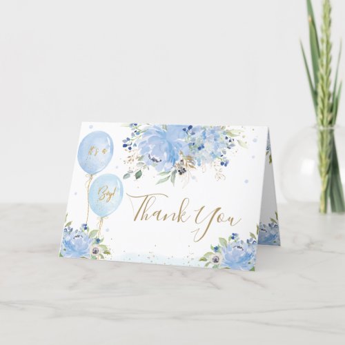 Pastel Blue Floral Balloons Gold Boy Baby Shower Thank You Card