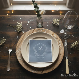 Pastel Blue Floral Crest Frame Elegant Napkins