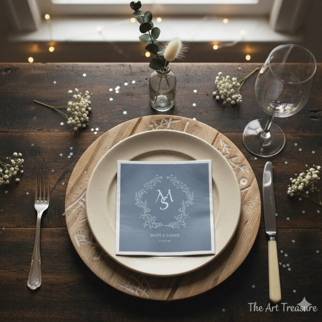 Pastel Blue Floral Crest Frame Elegant  Napkins (Creator Uploaded)