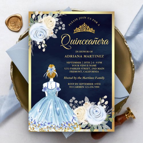 Pastel Blue Floral Dress Navy Gold Quinceanera Invitation